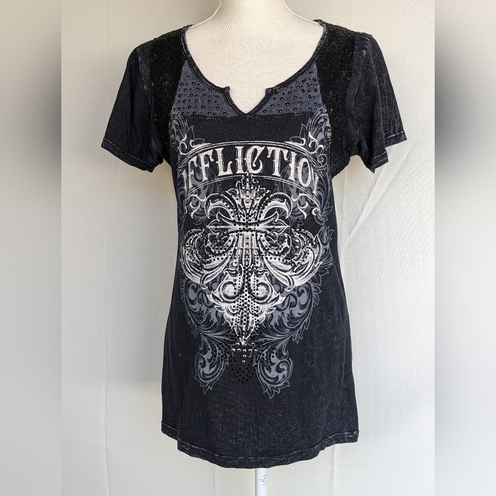 Affliction L Black and gray top with Black sequin and gems.